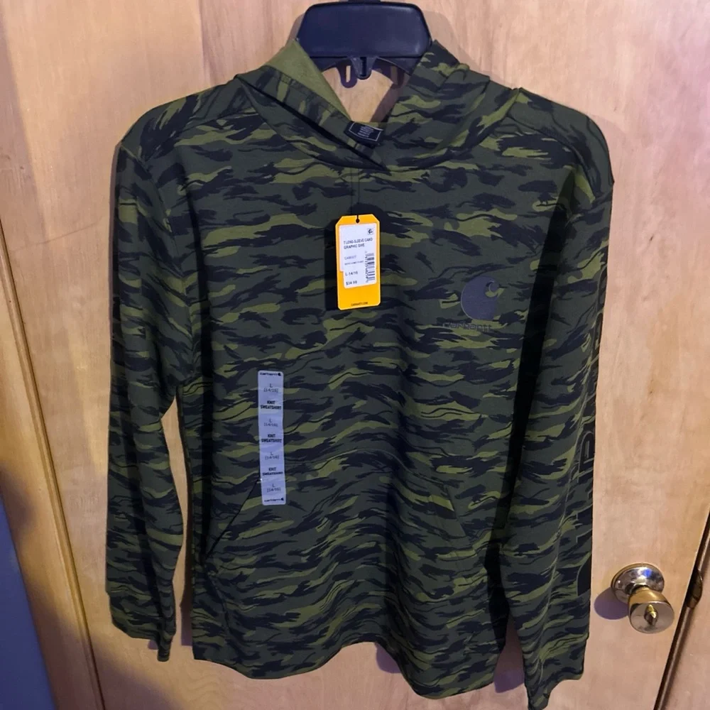 NWT- Carhartt Boys Camo Hoodie Graphic Long Sleeve Sweatshirt Logo Size L 14/16